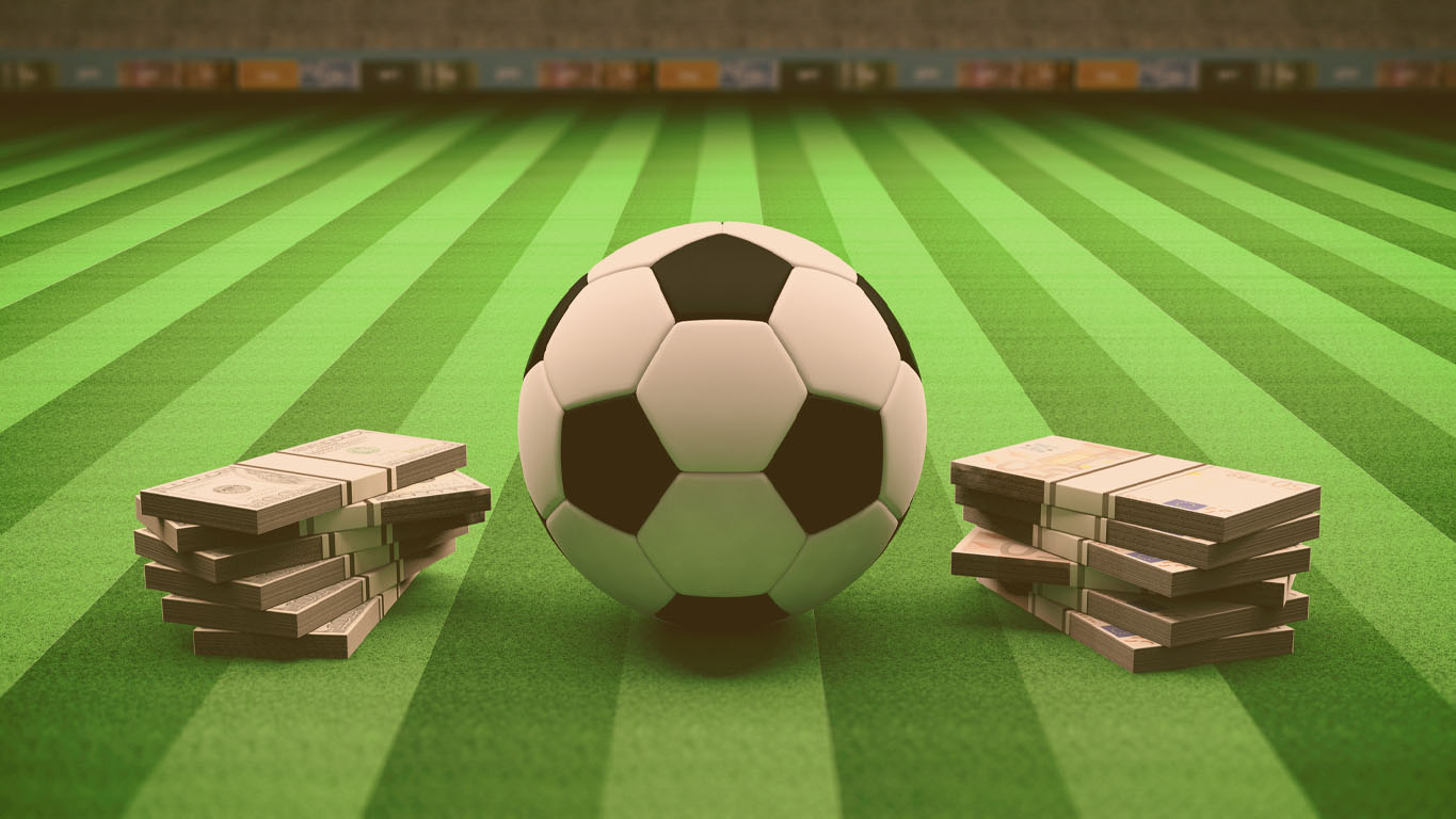 Bola de futebol de futebol e notas em um fundo de grama de campo iluminado. Ilustração 3D