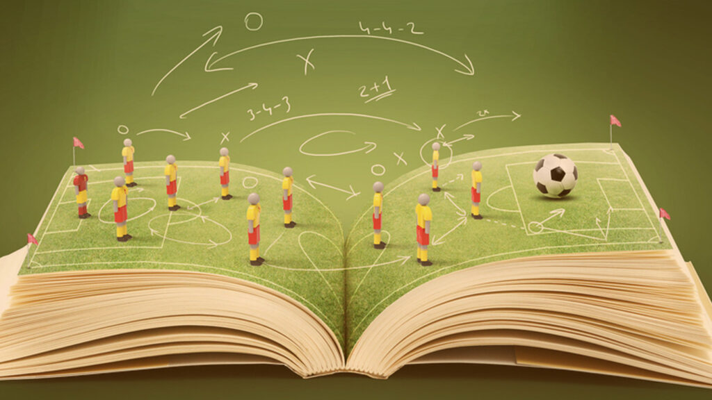 Fantasy game futebol: Modelo tático de futebol ilustrado em um livro com bonecos